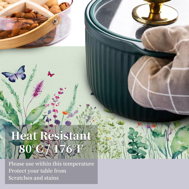 Vinyl Butterfly Floral Green Placemats - Set of 4, Heat