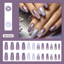 Purple Gradient Press on Nails Medium Length Flower False Nails Purple Glitter Powder Design Glossy Acrylic Nails Ballet Shaped Stick on Nails Full Cover Glue on Nails Artificial Nails for Women 24Pcs