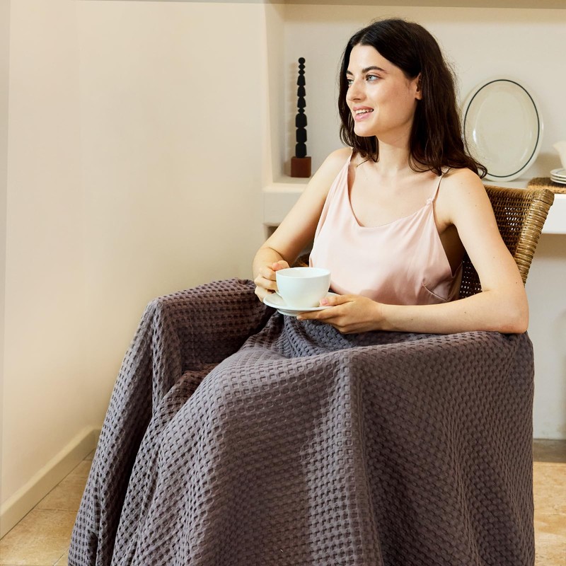 MIGIOL 100% Cotton Waffle Weave Sofa Blanket, Lunch Break, Queen