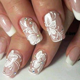 YOSOMMK Nude Square Fake Nails Medium Press on Nails with Flower Designs French Glossy False Nails Bling Rhinestones Stick on Artificial Nails for Women and Girls