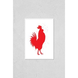 Poster Reproduction of Chinese zodiac red rooster for Chinese New Year. Rooster silhouette Chinese calligraphy imitation. Ink brush painting, Inksticks or India ink hair texture on the edge of