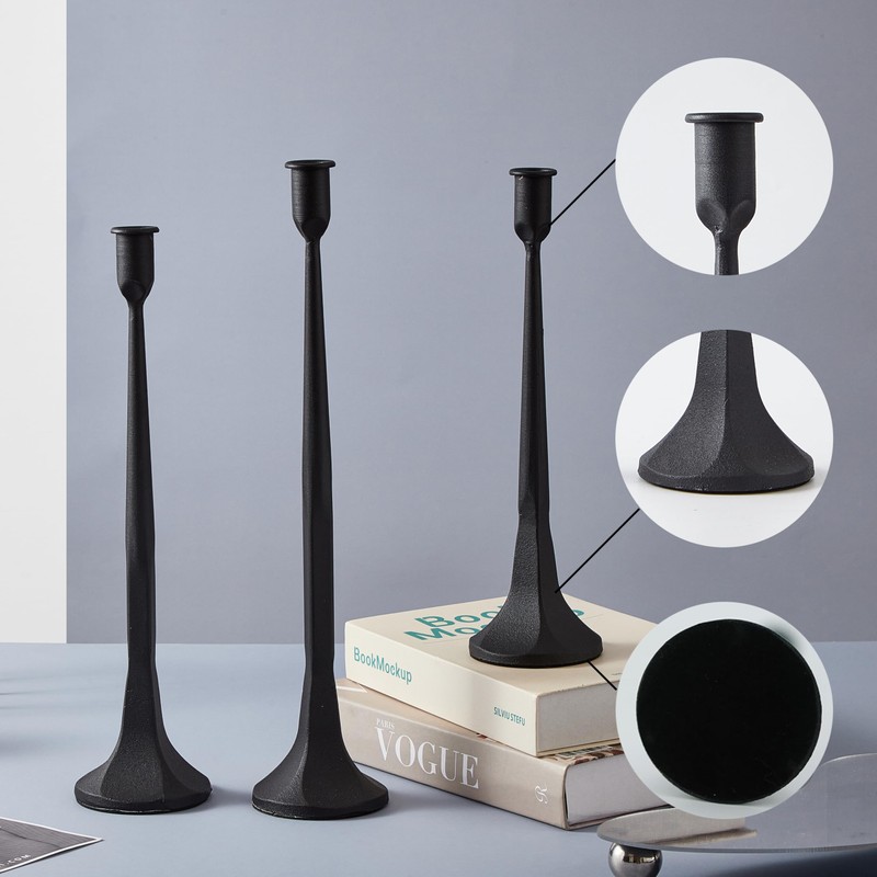 Denique Iron Taper Candle Holder Set of 3, Black Candlestick