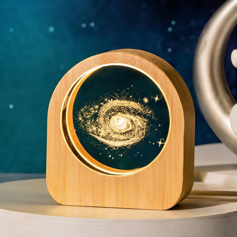 LED Galaxy Crystal Ball with Wooden Base for Home Decor