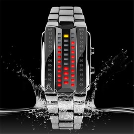FeiWen Mens and Womens Binary Watches Silver Stainless Steel Watches LED Digital Light Rectangle Dial Unique Fashion Style Wristwatches Date (Men)