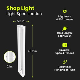 Feit Electric 4ft LED Dual Lamp Shop Light, 4500 Lumens, 4000K Cool White, Flush/Hanging Mount, Ideal for Garages & Workshops, 45W LED Garage & Workshop Lighting, 50,000 Hour Lifespan, SHOP/4X2/840/V1