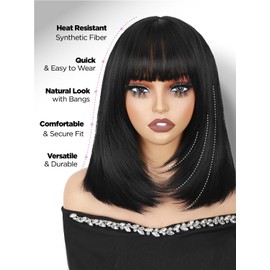 Quick Wig Short Bob Wig with Bangs Straight Layered Bob Wig for Women Glueless Black Wigs Heat Resistant Synthetic Short Wig for Daily Cosplay Use 14 Inches