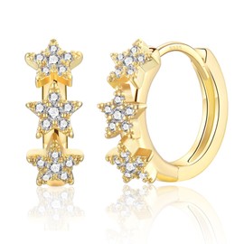 Hoop Earrings 925 Silver Star Earrings with Zirconia Small Silver Hoop Earrings for Women Girls, Yellow Gold
