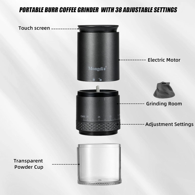 Mongdio Portable Electric Burr Coffee Grinder with 38 Adjustable Settings,