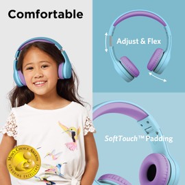 LilGadgets Connect+ Wired Kids Headphones for School with Microphone, Volume Limiting & Noise Cancelling On-Ear Headset with Cord, SharePort Technology & SoftTouch Padding, Blue/Purple