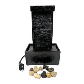 Nature's Mark 9.6" H Curved Black Slate Tabletop Water Fountain with Natural River Rocks and LED Lights (Power Cord Attached)