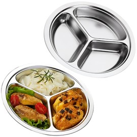 Pack of 2 Round Divided Dinner Plates, Stainless Steel, 24 cm Portion Control Plates with 3 Compartments, Stainless Steel Divided Plates, Children, Bariatric Plate, Camping Metal Plate for Dinner,