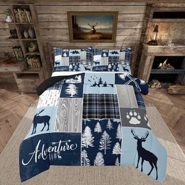 Hunting Bear Deer Quilt,Christmas Buffalo Plaid Comforter Set Twin Size Rustic Cabin Patchwork Duvet Sets For Kids Boys Teens Adult,Farmhouse Cowboy Woodland Bedding Set,1 Pillow Case,Blue Grey