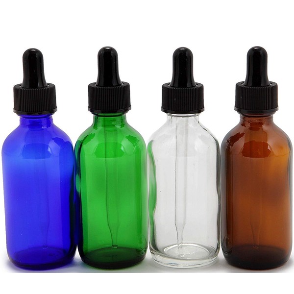 4 Pack  Assorted Colors, 2 oz Glass Bottles, With Glass Eye Droppers