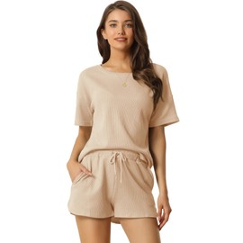 cheibear Womens Lounge Sets with Pockets Waffle Summer Outfits T-shirt and Shorts Loungewear Sweatsuits Apricot S