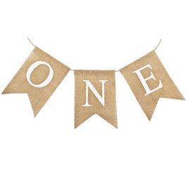 HSC Natural Jute Burlap First Birthday Banner | 3 Detachable Flaxen Flags for Baby's 1st Birthday Party Decorations, Wall & Dessert Table Bunting