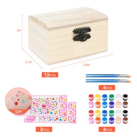 MicoSim 12 PCS Wooden Box,Treasure Chest with 12 Color Paints,12 PCS Unfinished Unpainted Wood Box with 2 Diy Adhesive Drilles,Small Wooden Box for Keepsake Boxes, Jewelry Box