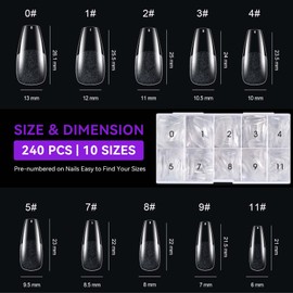 Gelike EC Medium Coffin Nail Tips – Full Cover Soft Gel Tips Medium Coffin Nail Tips Pre-Polished PMMA Resin Artificial Nail Tips for Women, Salon, 240 Pieces, 10 Sizes