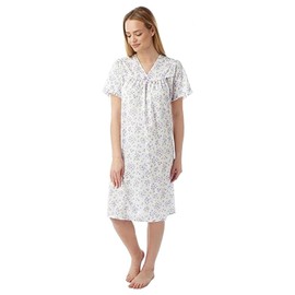 iTRONiK Ladies Floral Incontinence Open Back Nightie - Polycotton Hospital Nightdress for Maternity, Continence Problems & Easy Dressing (Purple, 24/26)