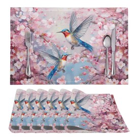 NETILGEN Tablemats Pack of 6, Washable Heat Resistant PVC Weave Texture Dining Table Mats for Home Outdoor Indoor Party Decor Table Ornaments, Hummingbird Peach Blossom