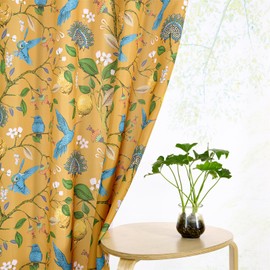 RoomTalks Cute Lemon Curtains for Bedroom Living Room 84 Inches Length 2 Panels Semi Blackout, Vintage Nature Hummingbirds Botanical Floral Curtain Panels Boho Vibrant Yellow Window Drapes