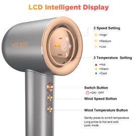 Hair Dryer, 110000 RPM High-Speed Brushless Motor, 300 Million Negative Ionic Smart Temperature Control Blow Dryer with 360° Rotating Magnetic Nozzle & LED Display, Lightweight Low Noise Fast Dryer