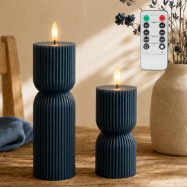 SEHNSY Navy Blue Battery Operated Candles with Remote Timer, Set of 2 Ribbed Flameless Pillar Candles 3x4 & 3x8 in, Real Wax LED Candles with 3D Flickering Flame for Bookshelf Office Coastal Decor