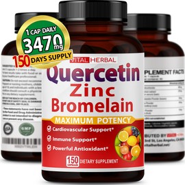 Premium High Purity Quercetin 98% with Bromelain Capsules Equivalent to 3470 mg - Maximum Potency with Green Tea Ashwagandha - Supports Overall Health Strength Energy - 150 Days Supply