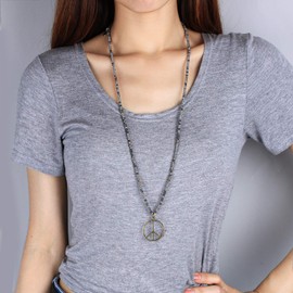 KELITCH Classic Peace Sign Necklace Love Hippie Pendant Frosted Crystal Beaded Necklace (Grey Green U)