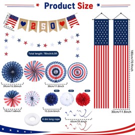 America 250th Anniversary Decorations 4th of July Patriotic Decor Set 22 Pcs USA Flag Banner Paper Fans Hanging Swirls Red White Blue Pom Poms for Memorial Veterans Labor Flag Day Home Decor