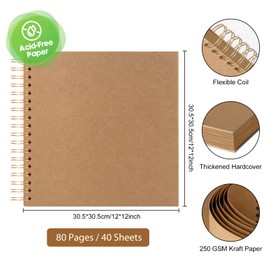 AIOR 12x12 Inch Scrapbook Album 80 Pages Hardcover Thick Kraft Paper Blank, Spiral Scrapbook Photo Albums for Couple, Baby, Anniversary, Wedding, Family Gifts