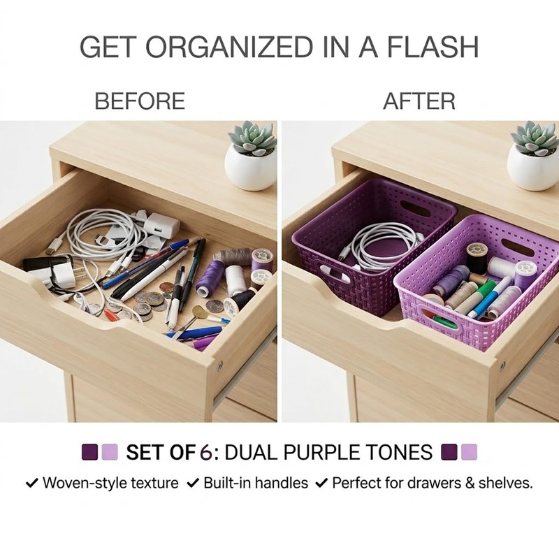 6-Pack Small Baskets, Purple Plastic Open Storage Weave Basket Versatile