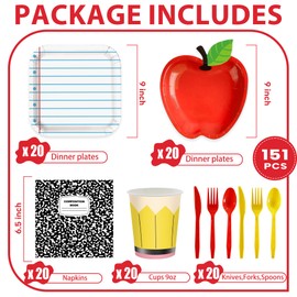 151pcs Back to School Plates Napkins First Day of School Decorations with Apple Plates, Notebook Plates, Napkins Paper Cups Tableware Set for Back to School Classroom Party Supplies 20 Guests