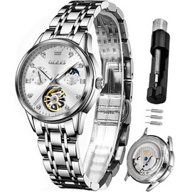 OLEVS Women Automatic Wrsit Watches Luxury Stainless Steel Gold and Silver Small Wrist Mechanical Moon Phase White Waterproof Ladies Watches