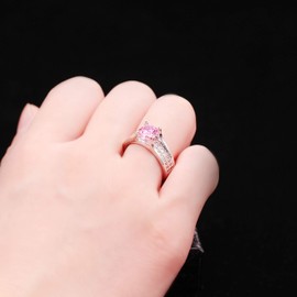 Uloveido Women's Platinum Plated Round Cut AAA Cubic Zirconia Wedding Band Pink Promise Ring for Her with Birthstone Y006, Zirconia