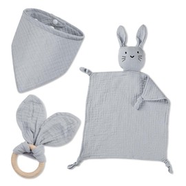 Baby Gift Boy Girl Newborn Gift Set Baby Gifts 3 Pieces Gifts for Birth with Cuddly Cloth Rabbit and Teether Wooden and Bib Baby for Newborn Baby Shower Things (Grey)
