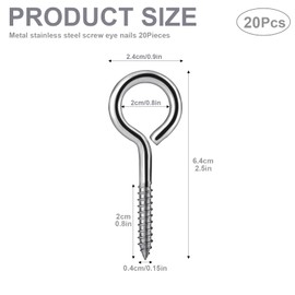 20Pcs M5 x 65 Eyelet Screws Vine Eye Bolts Eye Screws Hooks Metal Screw-in Hook Heavy Duty 304 Stainless Steel Self Tapping Ring Screw Nails Eyelets Screw for DIY Cork Crafts Hanging Wooden Frames