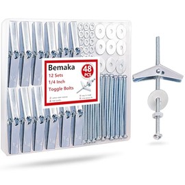 Bemaka 192Pcs 1/8Inch Toggle Bolts, Butterfly Anchors Heavy Duty Drywall Anchors and Screws Kit, Toggle Bolts and Wing Nut Kit with Nuts Washers for Hollow Wall, Ceiling (48 Sets)