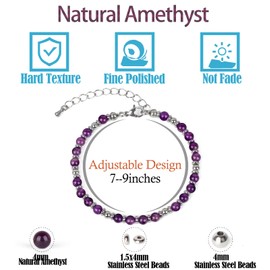4mm Purple Amethyst Tiny Beaded Bracelets For Women, Energy Gem Charm Jewelry Adjustable Bracelet Gifts for Mom, Daughter, Wife, Coworkers, Friends, Bestie