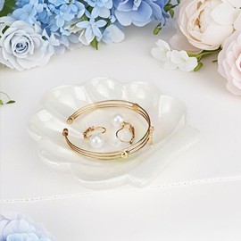 Mulaibdin 2 Pcs Shell Jewelry Dish, Ceramic Sea Ring Holder Beach Trinket Dish, Cute Jewelry Holder Organizer for Earrings Necklaces Bracelet Home Décor Bathroom(White)