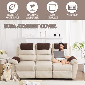 NNSMUN Sofa Armrest Cover, Headrest Cover for Recliner Chair Arm Cover, Armchair Slipcover with Pockets, Nonslip Quilted Furniture Protector for Pets Leather Sofa Couch (Coffee,2 Seater(4pcs))