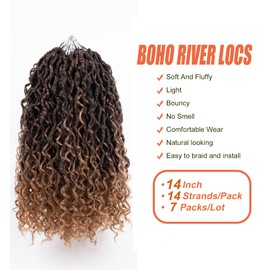Faux Goddess Locs Crochet Hair 14 Inch Boho River Locs Hippie Locs Wavy Crochet With Curly Hair In Middle And Ends Braids Hair Extensions (7Packs,14 inch, T27)