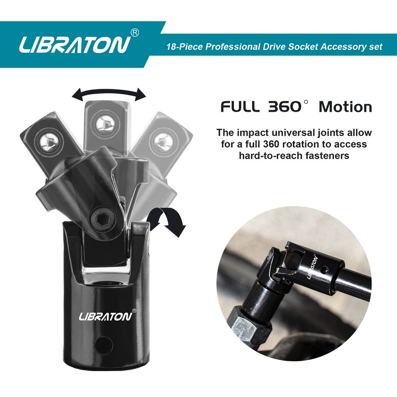 LIBRATON Socket Extension and Ratchet Set 18PCs - Impact Socket