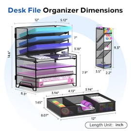 REEPLAN 4 Tier Desk Organizer + 3 Tier File Holder + 4 Pen Holders + Drawer, 7 Tier Desk File Organizers, Desk Organizers and Accessories for Office Home School, Black