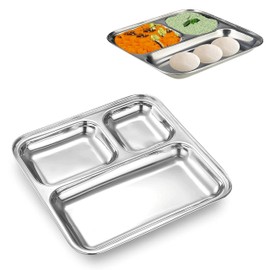 WG inc 2 Pack Stainless Steel Premium Divided Plates, 3 Compartment Dinner Plates, Stainless Steel kids plates, 10 inch Toddler Dishes, Great for Portion Control, Camping