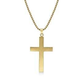 Metro Jewelry Gold Ion Plated Stainless Steel Cross Pendant Necklace for Men on 24 Inches Long Round Box Chain with Lobster Claw