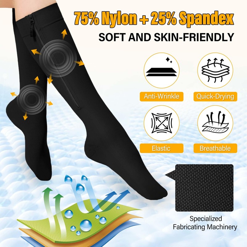 Myshear Zipper Compression Socks Medical, 15-20 mmHg Knee High Zip
