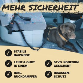 VANU CAMPERS® 2-in-1 Dog Lead with Car Seat Belt, Bungee Lead Short 1.4 m with Padded Main Handle and Traffic Handle, Buckle Dog in the Car, German Road Traffic Regulations Compliant, Robust and High