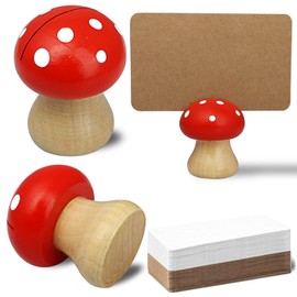 12 PCS Cute Wood Place Card Holders and 40Pcs Kraft Place Cards, MINI Mushroom Table Number Holders, Food Labels for Buffet, Name Card Photo Picture Holders for Harvest Fall Thanksgiving Wedding Party
