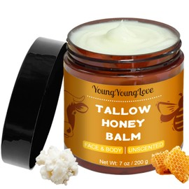 YOUNGYOUNGLOVE 7 Oz - Unscented Whipped Tallow and Honey Balm for Face and Body, Grass-Fed Beef Tallow, Honey and Beeswax for Skin, All-Natural Moisturizer Hydrates and Nourishes for Dry Skin Care