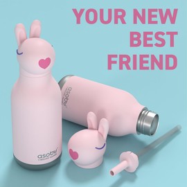 asobu Bestie Bottle Insulated Stainless Steel Water Bottle with Detachable Soft Animal Head Fun Drinking For Kids and Teens with Flexible Reusable Straw 16 Ounce